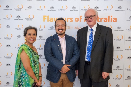 The Australian High Commissioner, H.E. Mr Miles Kupa and his wife, Ms Zuly Chudori welcome Chef Adam Liaw at the commencement of the Flavours of Australia launch dinner on 30 May 2013.